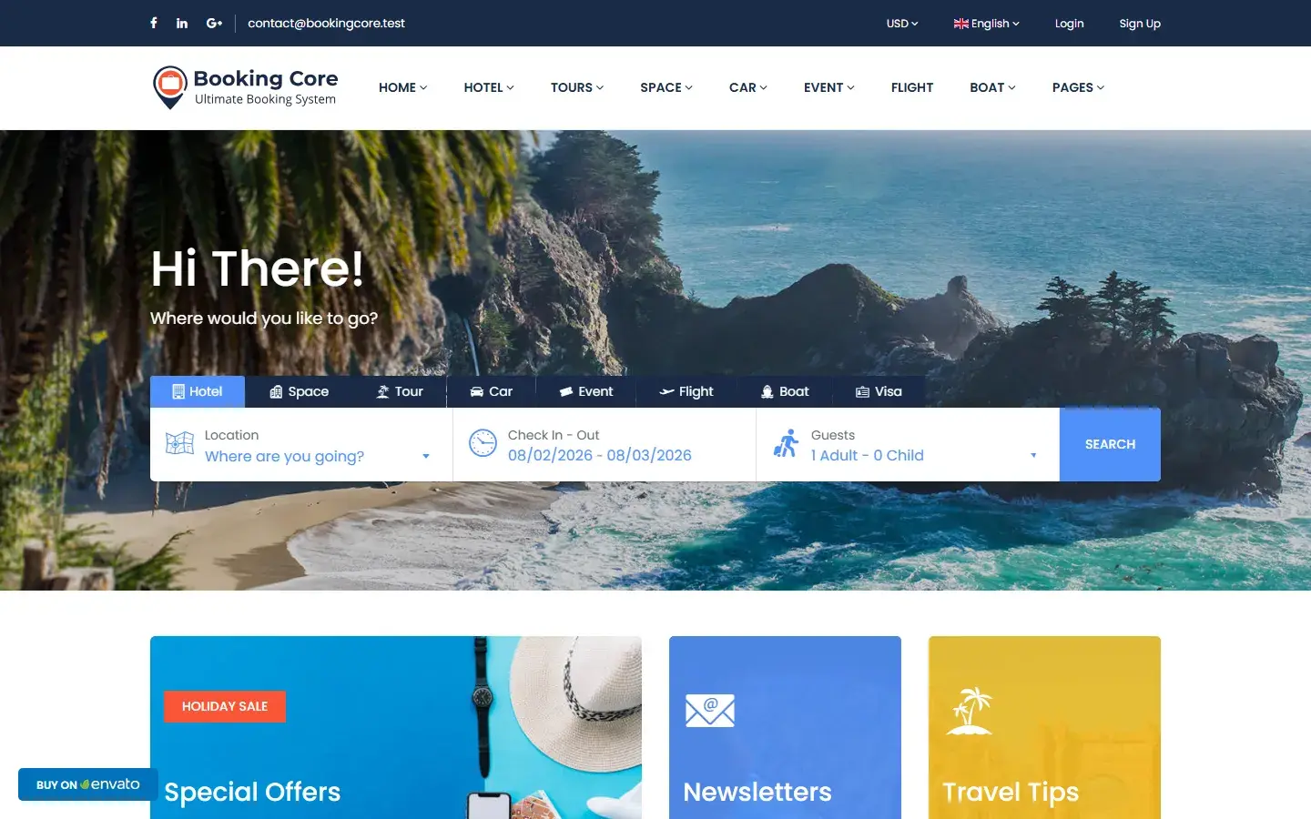 Booking Core multi-service search homepage