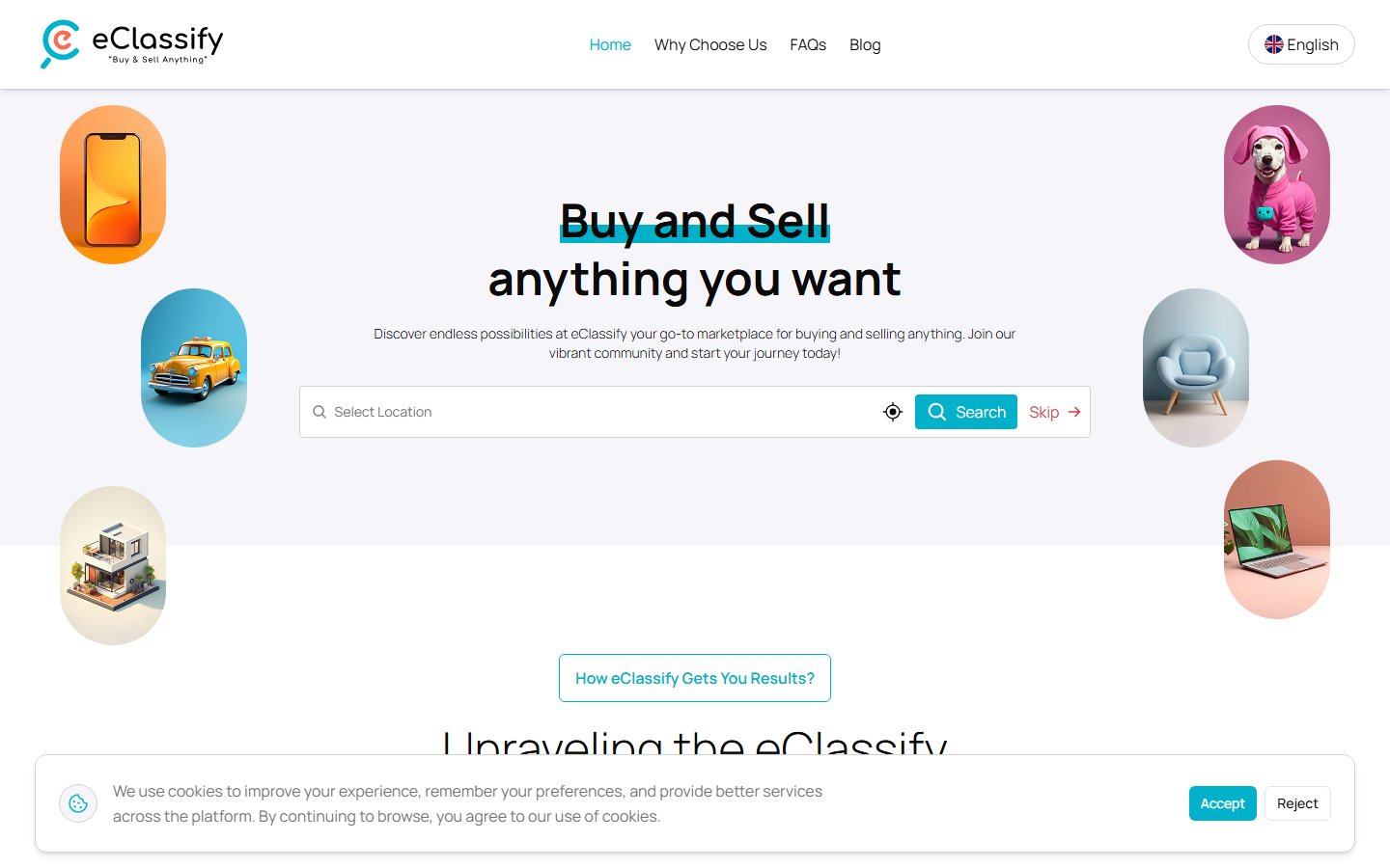 eClassify web marketplace homepage with location search